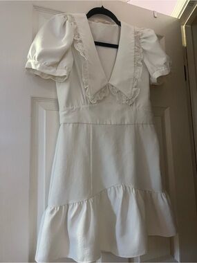 LoveShackFancy White Puff Sleeve Mini Dress with Lace Collar